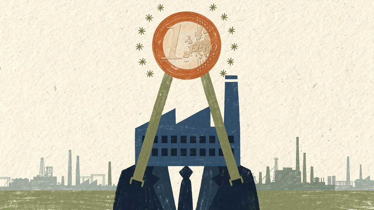Euro coin held by factory silhouette with industrial background.