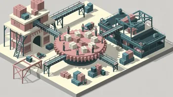 Isometric illustration of workers moving boxes on a giant cogwheel linked by conveyor belts to warehouses and cargo.
