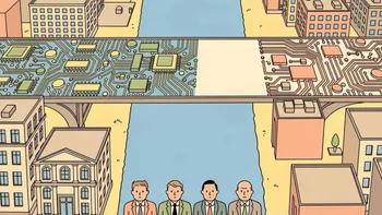 Illustration of a circuit-board bridge with a missing middle section over a river between two cities, four men below.