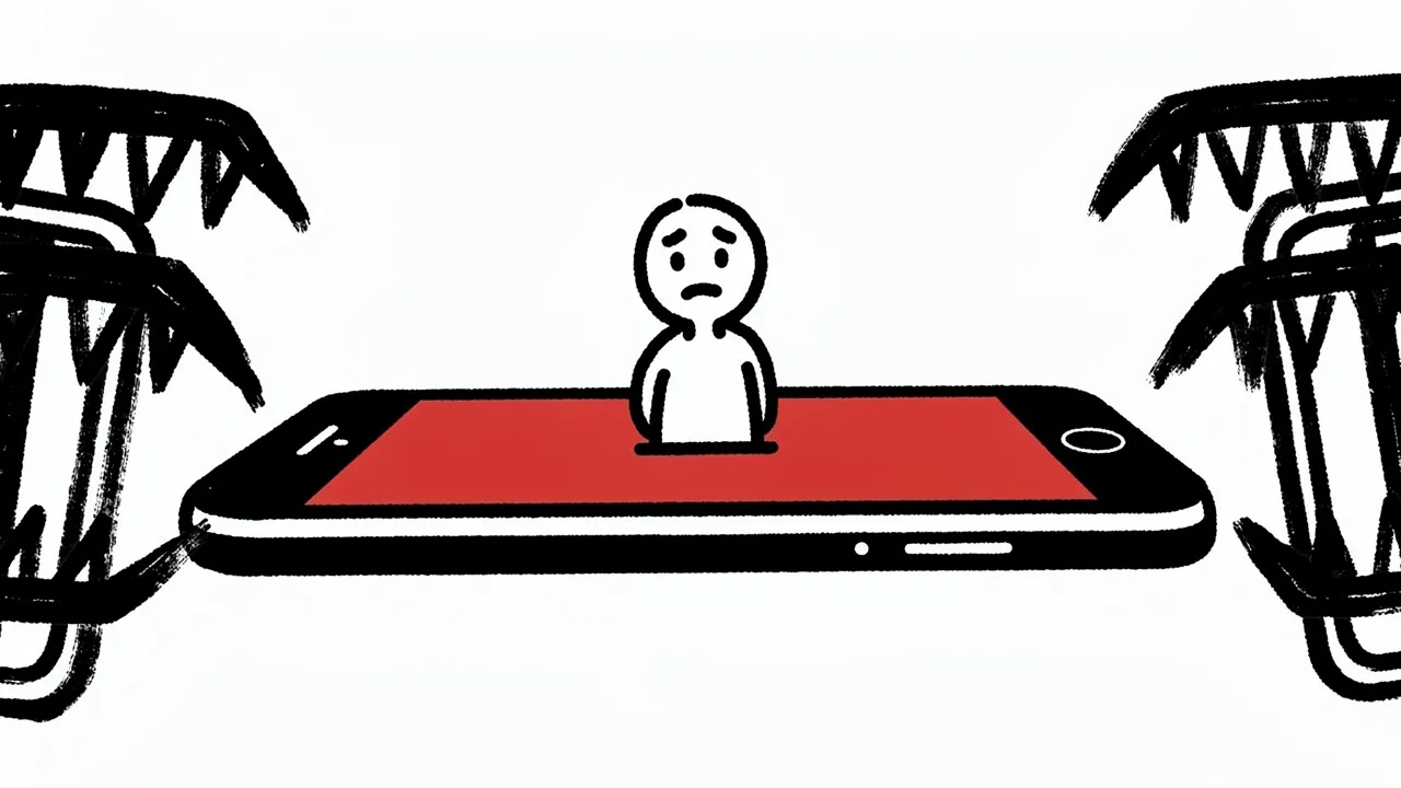 Line drawing of a worried figure standing in a red smartphone screen between two sets of jagged jaws.