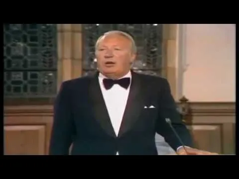 Edward Heath in a dinner jacket and bow tie speaking at the Oxford Union debate on Europe in June 1975.