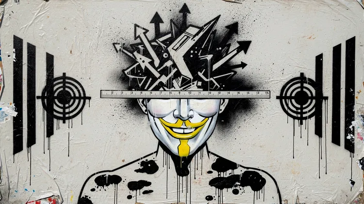 Stencil graffiti of a grinning masked figure with a ruler over its eyes, arrows bursting from its head, flanked by targets.