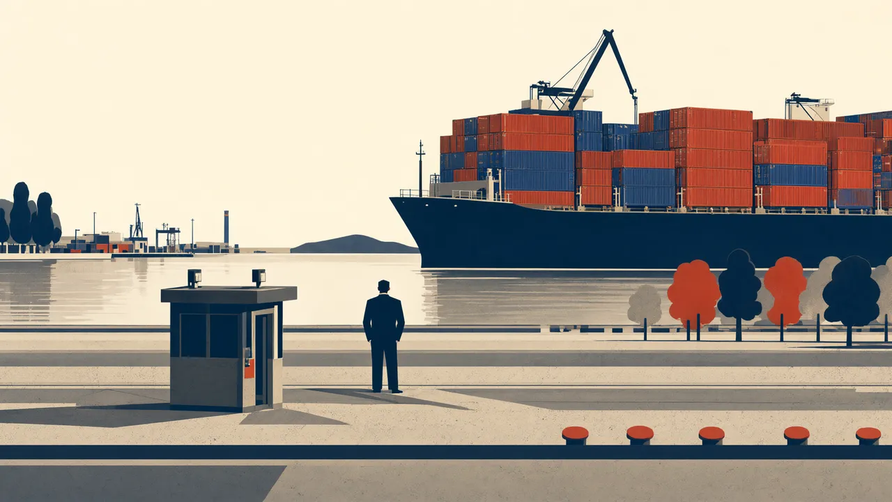 Flat illustration of a man in a suit by a guard booth on a quay, watching a cargo ship stacked with red and blue containers.