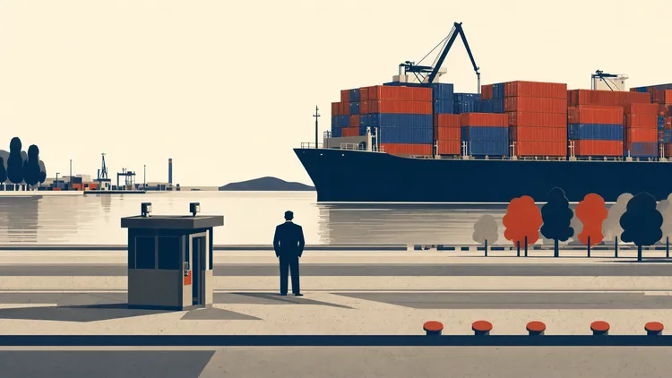 Flat illustration of a man in a suit by a guard booth on a quay, watching a cargo ship stacked with red and blue containers.
