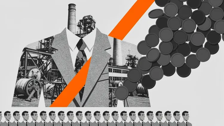 Halftone collage of a headless suit filled with factory machinery, an orange stripe, dark coins and a row of identical men.
