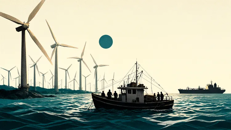 Illustration of a fishing boat with crew on choppy teal sea, wind turbines on the left and a tanker on the horizon.