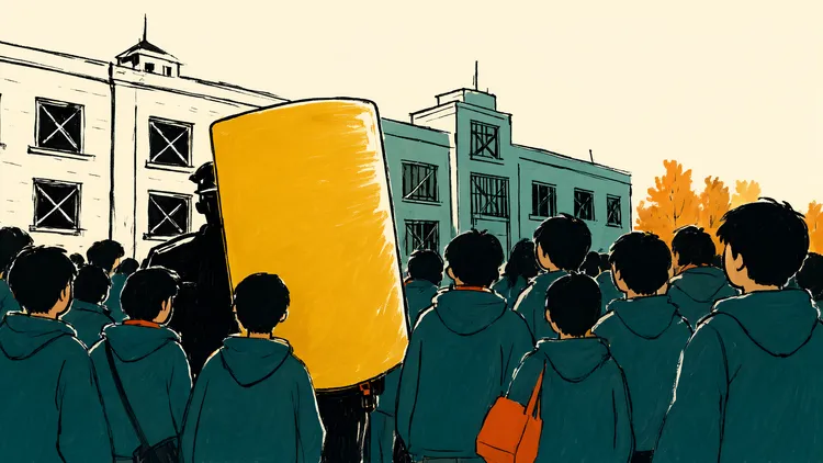 Illustration of teenagers in teal hoodies facing a riot officer with a yellow shield outside boarded-up buildings.