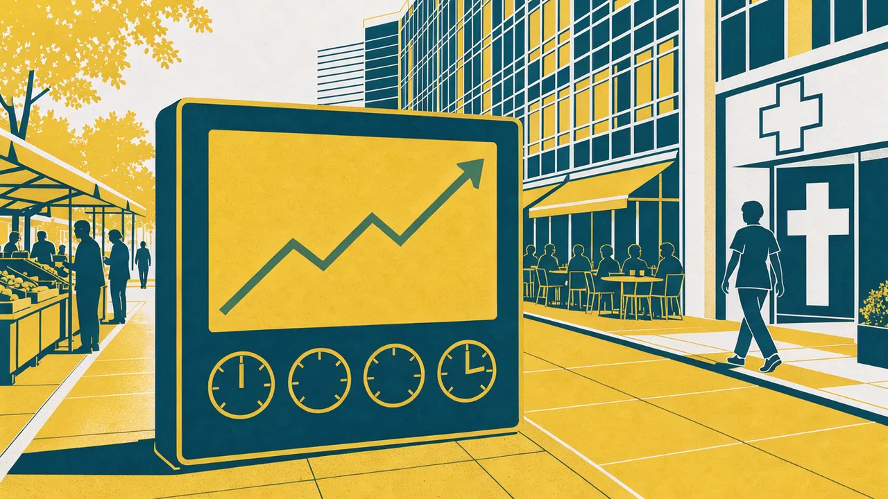 Flat yellow-and-teal illustration of a street display with a rising chart and four clocks beside a market, café and clinic.