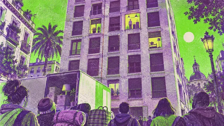 Purple and green illustration of people with luggage beside a moving truck outside an apartment building.