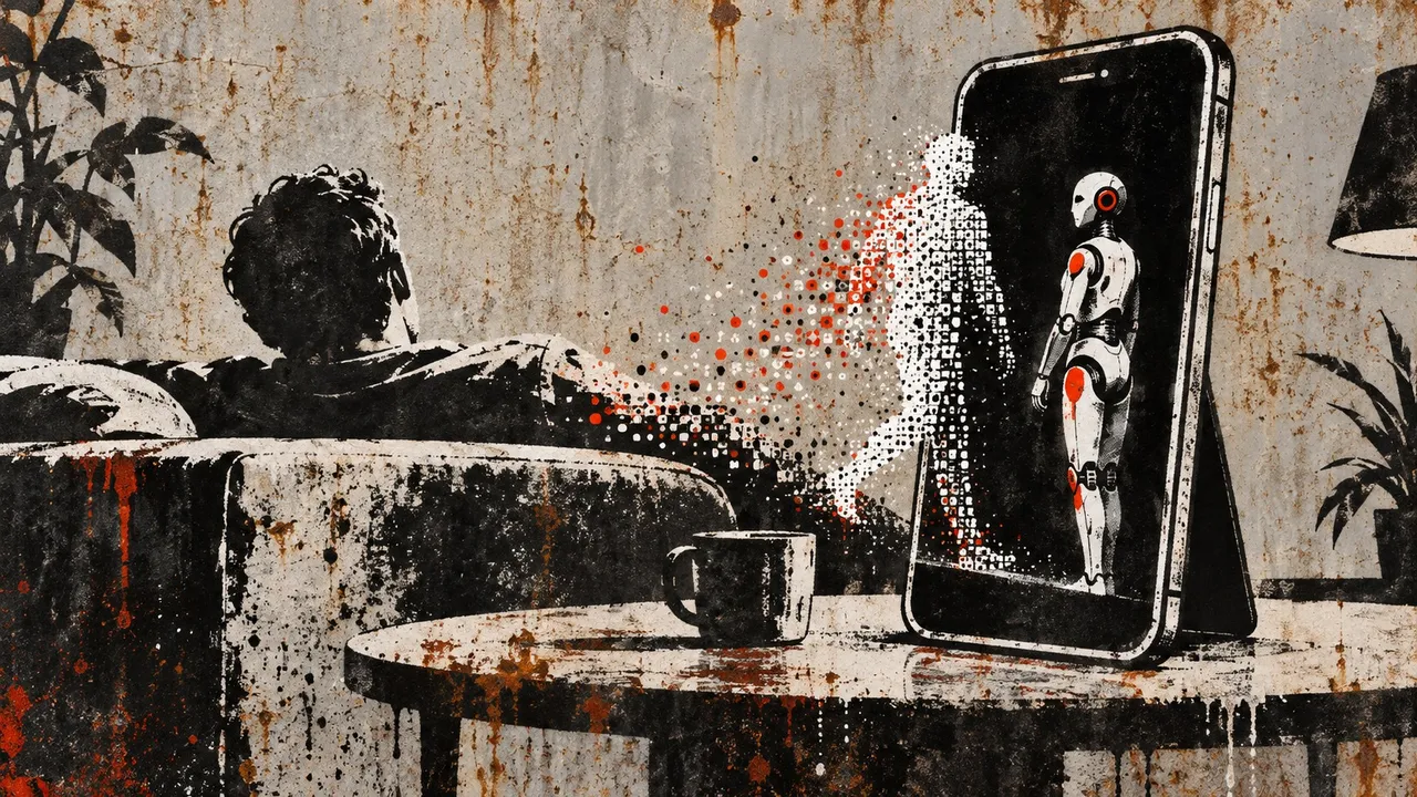 Grungy stencil illustration of a man on a sofa dissolving into pixels that flow toward a robot inside a large phone on a table.