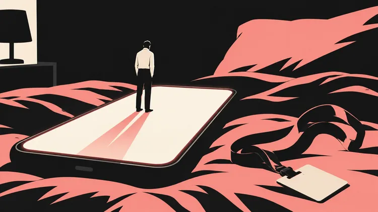 Illustration of a man standing on a glowing smartphone on a rumpled bed beside an ID badge and bedside lamp.