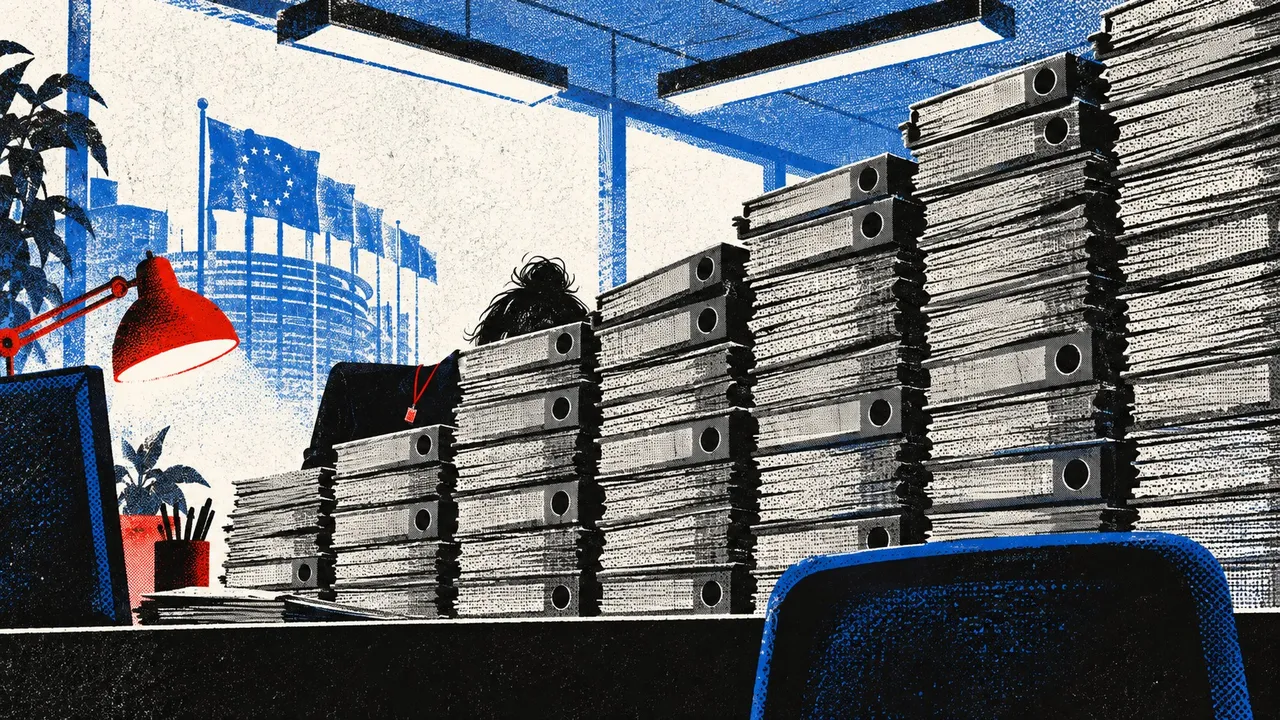 Illustration of an office worker behind tall stacks of files, with EU flags visible through a window.