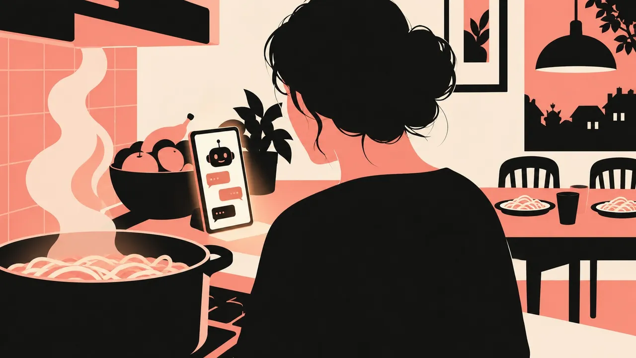 Flat illustration of a person cooking pasta beside a phone displaying a chatbot and speech bubbles.
