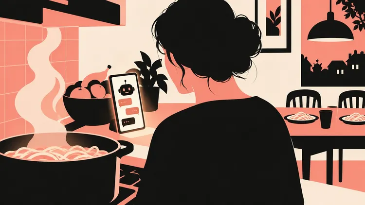 Flat illustration of a person cooking pasta beside a phone displaying a chatbot and speech bubbles.