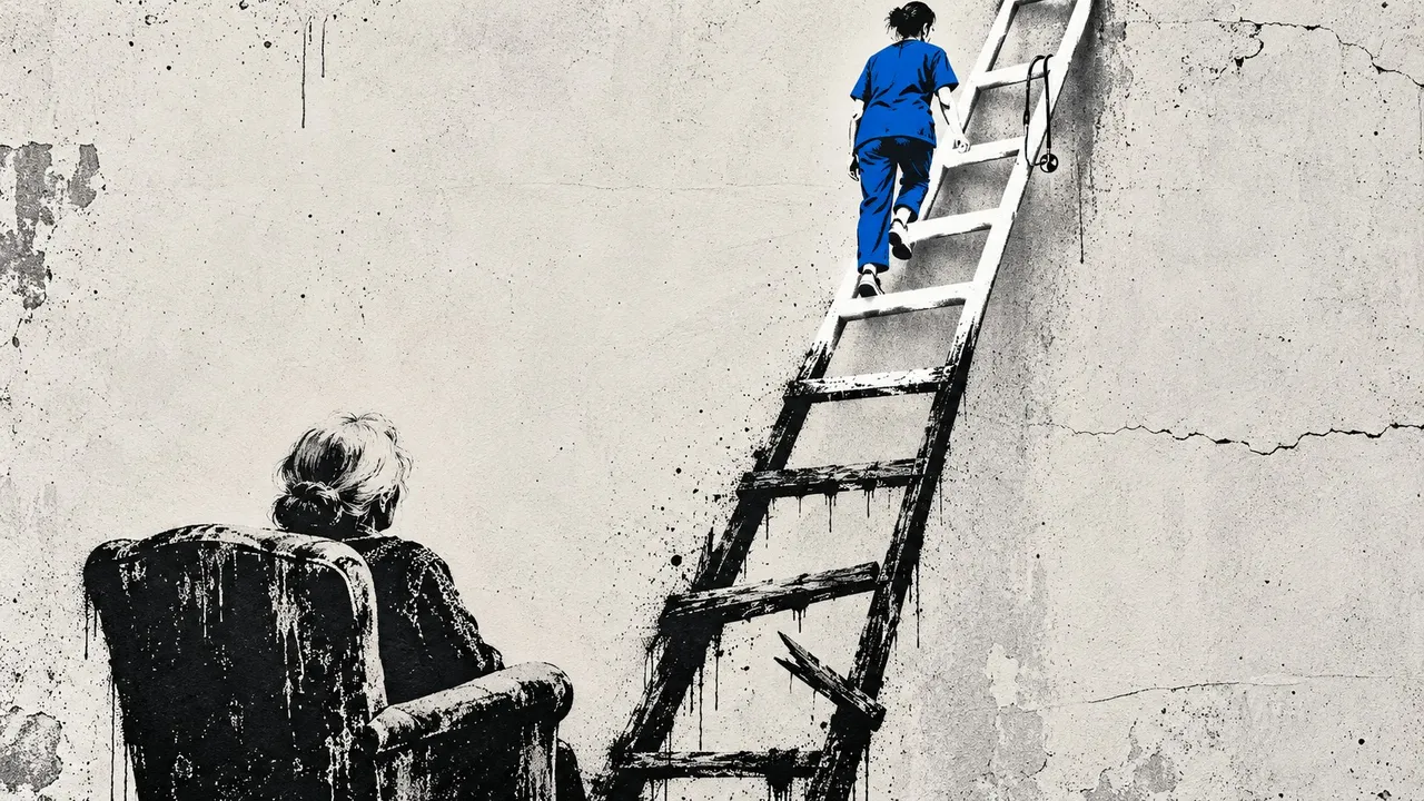 Stencil illustration of a nurse in blue scrubs climbing a ladder beside an older woman seated in an armchair.