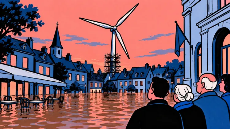 Illustration of people overlooking a flooded town square, with submerged café chairs and a wind turbine under a pink sky.