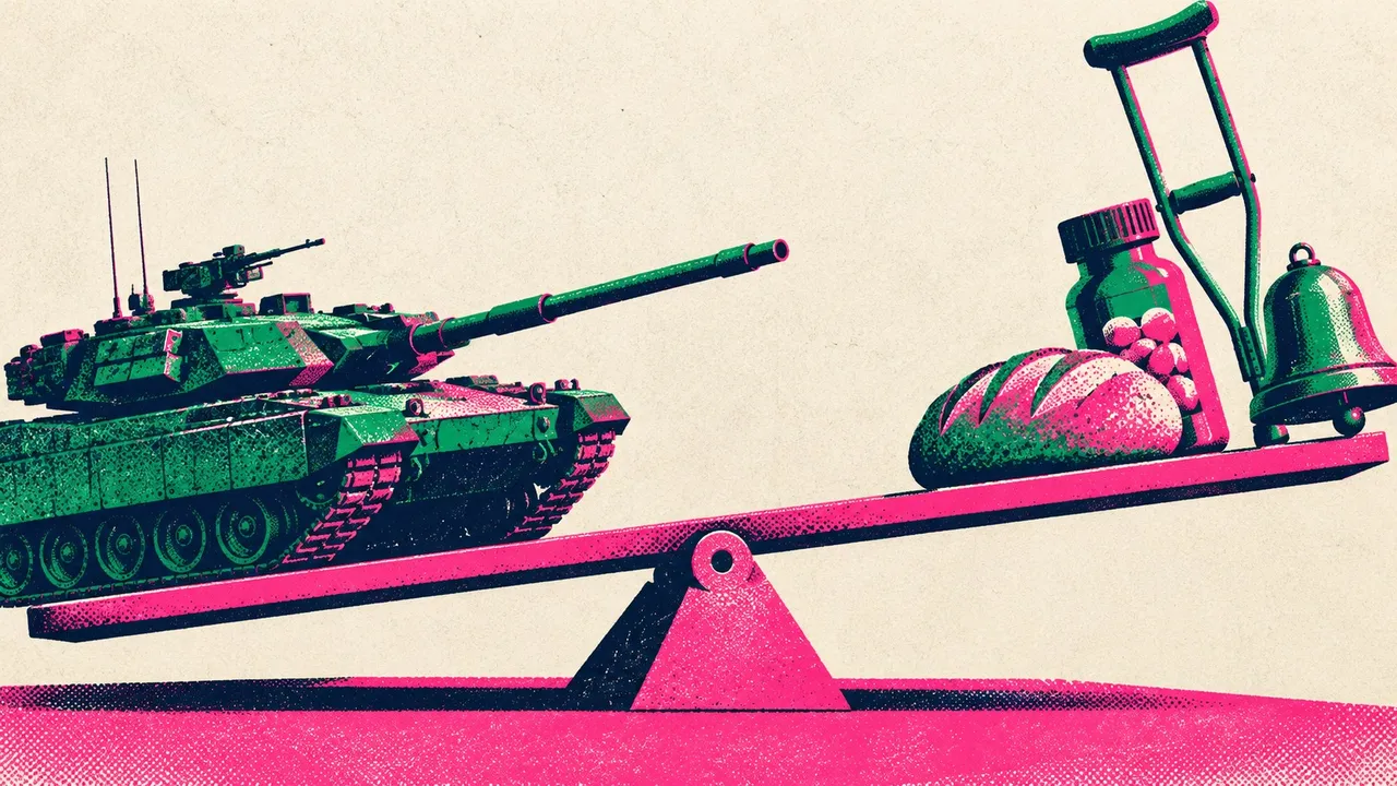 Illustration of a seesaw with a tank on the lower left and bread, medicine, a crutch and a bell on the raised right.