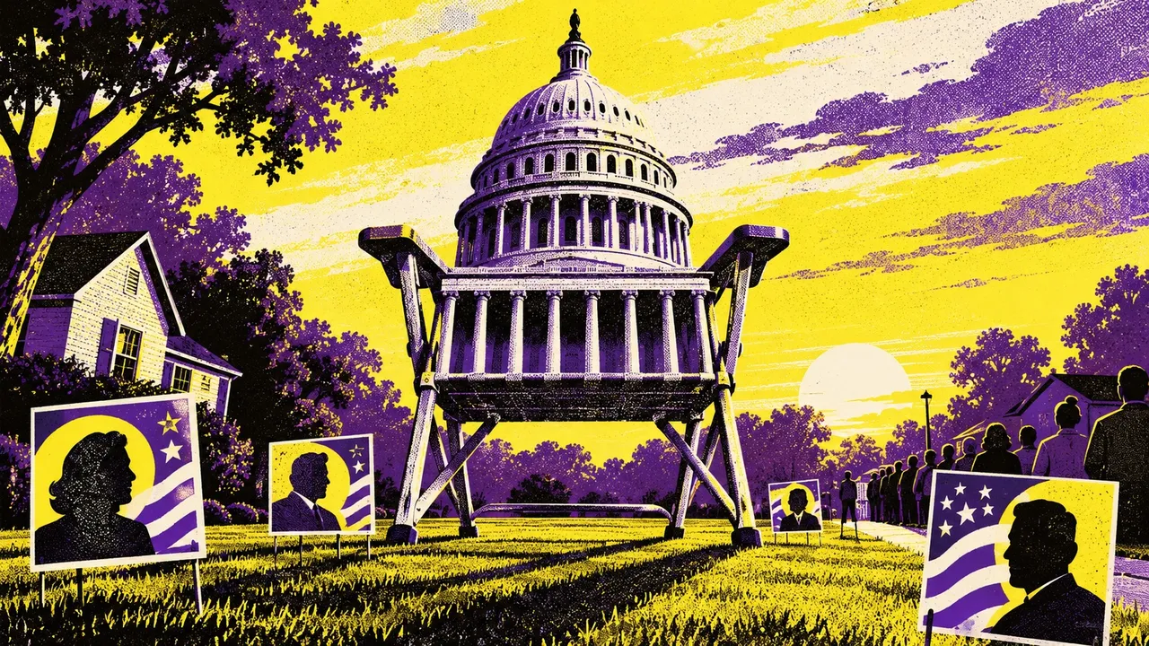 Illustration of the US Capitol on a giant folding chair, surrounded by campaign signs and a line of people.