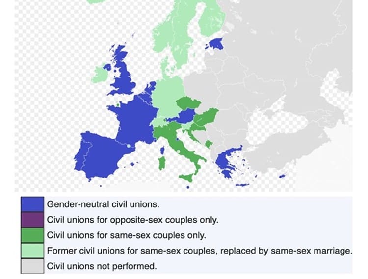 Map of Europe showing civil union laws by country, with colour coding.