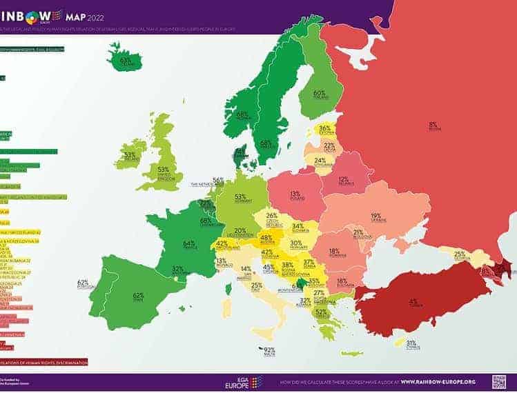 Map of Europe showing LGBT+ rights percentages by country.