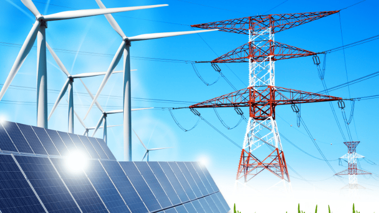 Solar panels, wind turbines, power transmission towers