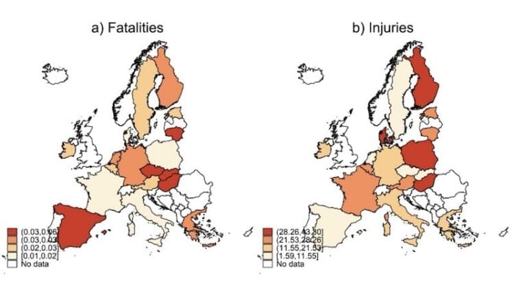 Maps showing injury and fatality rates across Europe.