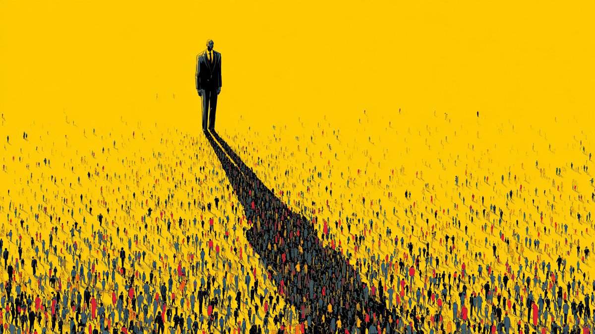 A large crowd of diverse people with a prominent figure casting a shadow against a bright yellow background.