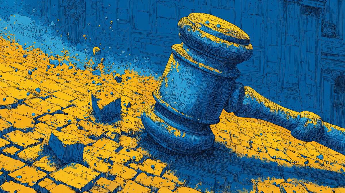 Gavel crashing onto broken pavement symbolising legal or judicial disturbance.