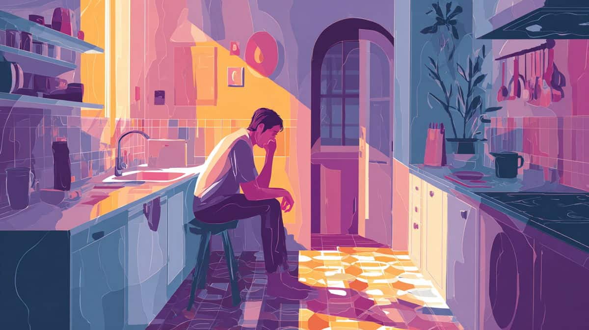 Illustration of a young man sitting hunched on a stool in a narrow kitchen.