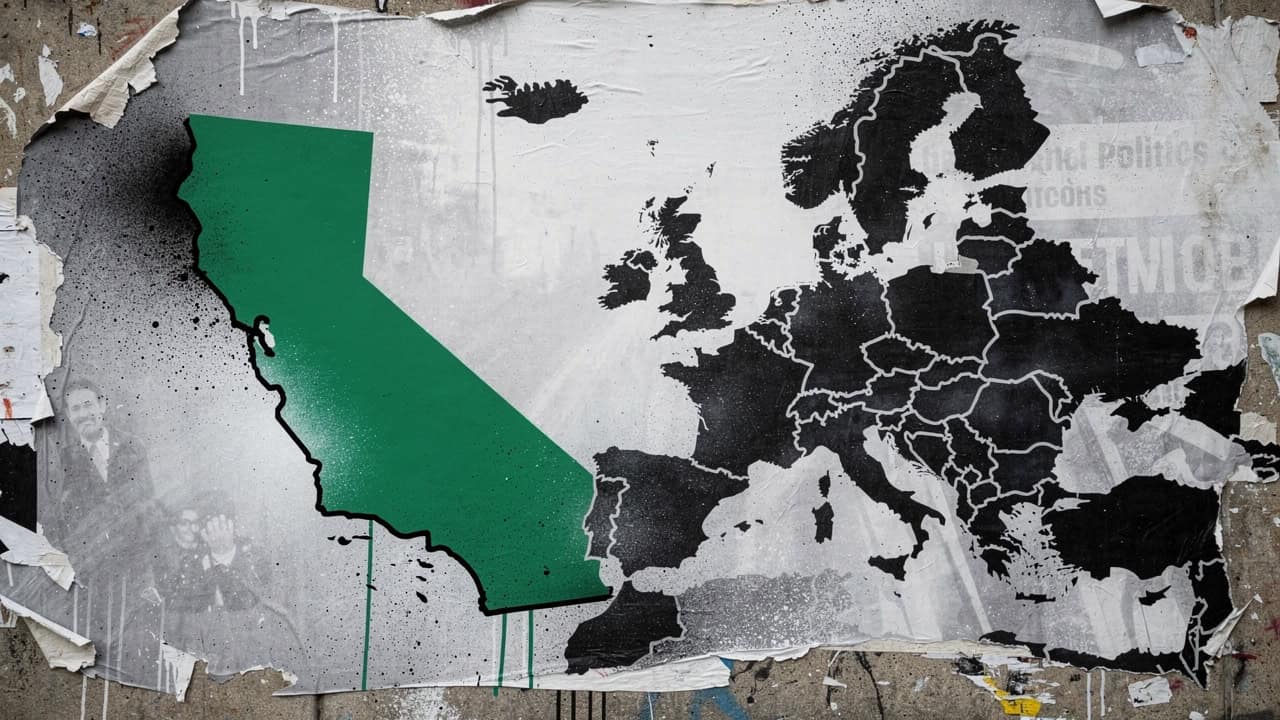Map showing California in the USA and Europe with country borders.