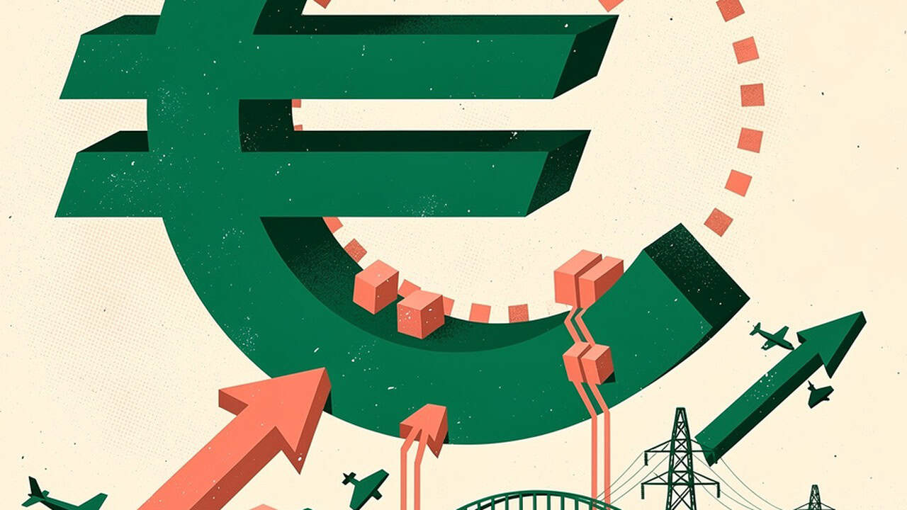 Euro symbol with rising arrow and economic icons.