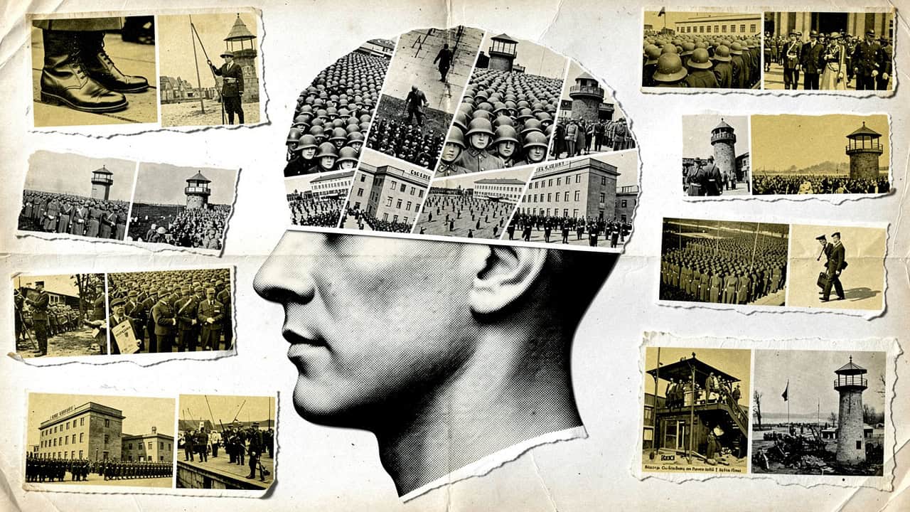 Collage of military and prison scenes surrounding a profile of a person's head.