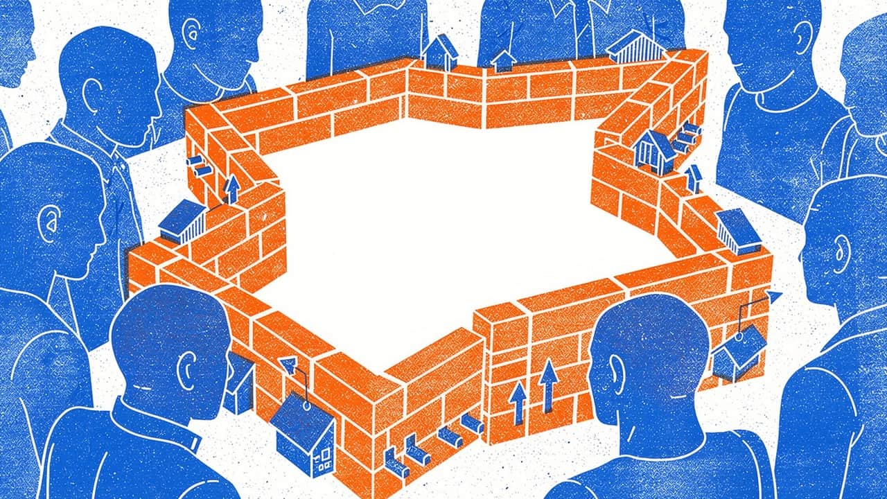 People surrounding a brick wall with locks and arrows indicating barriers.