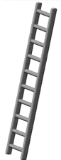 A grey wooden ladder leaning against a plain wall.