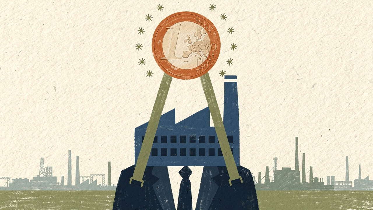 Euro coin held by factory silhouette with industrial background.