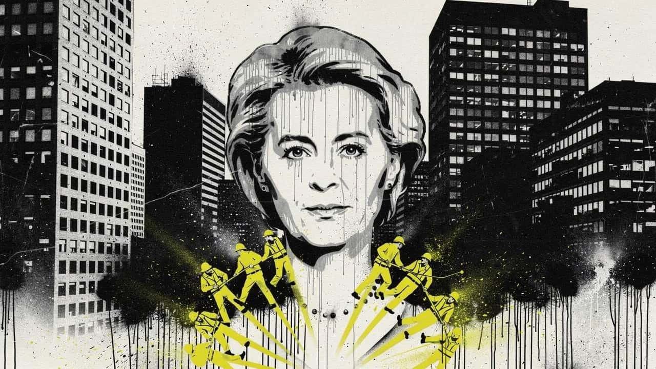Portrait of a woman with a city skyline background and yellow graffiti elements.